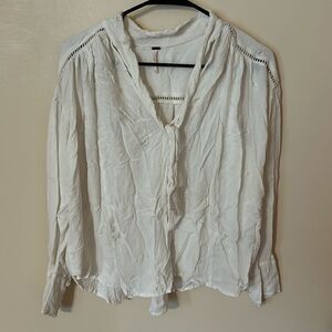 Free People Top V Neck Long Sleeve Embroidered Blouse Shirt Ivory S